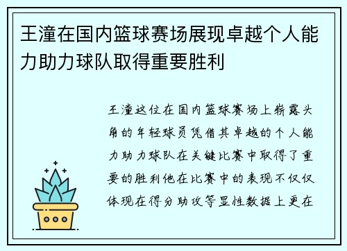 王潼在国内篮球赛场展现卓越个人能力助力球队取得重要胜利