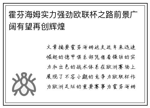 霍芬海姆实力强劲欧联杯之路前景广阔有望再创辉煌