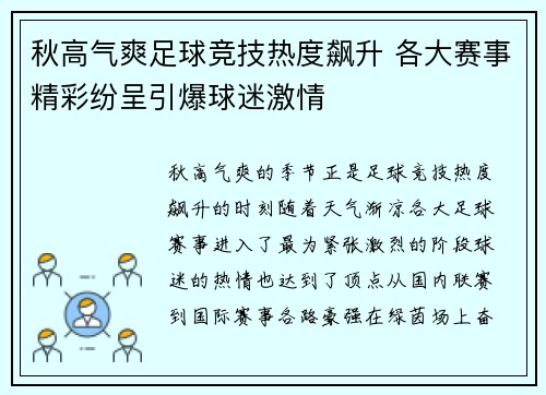 秋高气爽足球竞技热度飙升 各大赛事精彩纷呈引爆球迷激情