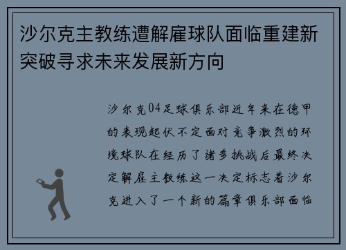 沙尔克主教练遭解雇球队面临重建新突破寻求未来发展新方向