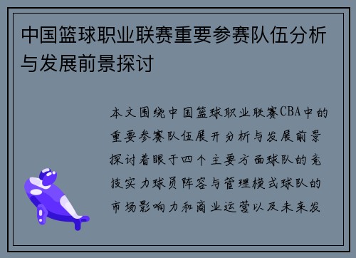 中国篮球职业联赛重要参赛队伍分析与发展前景探讨