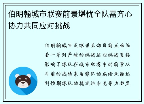 伯明翰城市联赛前景堪忧全队需齐心协力共同应对挑战