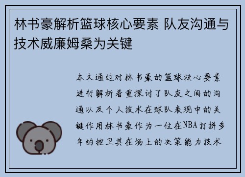 林书豪解析篮球核心要素 队友沟通与技术威廉姆桑为关键